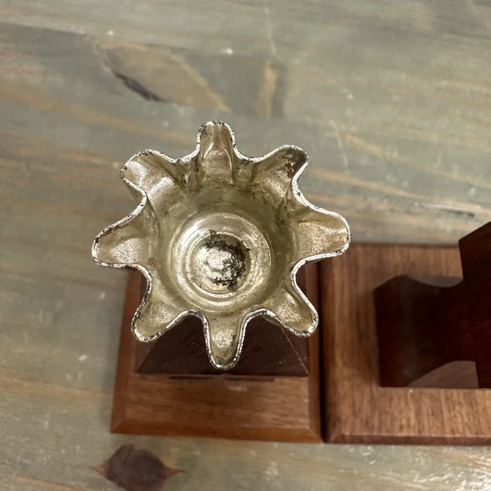 Vintage Mid Century Wood Candle Holders Pair Geometric Carved Taper Candlesticks